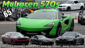 McLaren 570s vs Hellcat 1050hp, BMW M4 700hp, BMW 135i Tuned & Supra GR @ Race Motive 65mph Roll