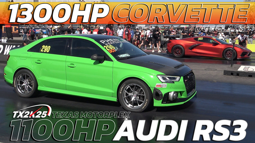 1100HP AUDI RS3 vs 1300HP CORVETTE C8 DRAG RACE @ TX2K25 Texas Motorplex