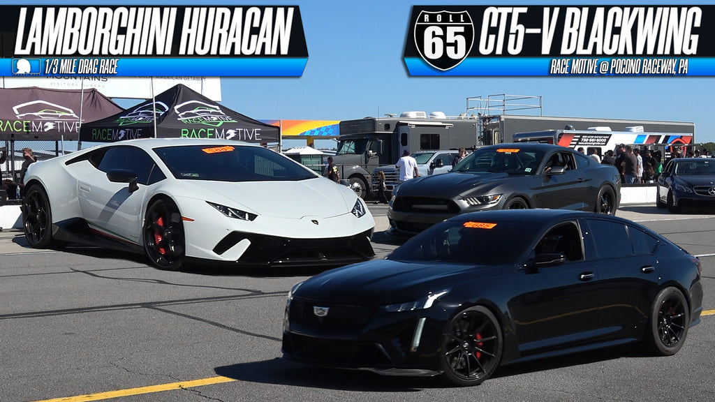 CT5-V Blackwing vs Lamborgini Huracan & Mustang 65mph Roll Start @ Pocono Raceway, PA