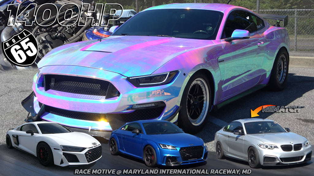 1400hp Mustang GT350 vs BMW 240i X Drive & AUDI TTRS, 1600hp AUDI R8 @ 65mph Roll start Race Motive