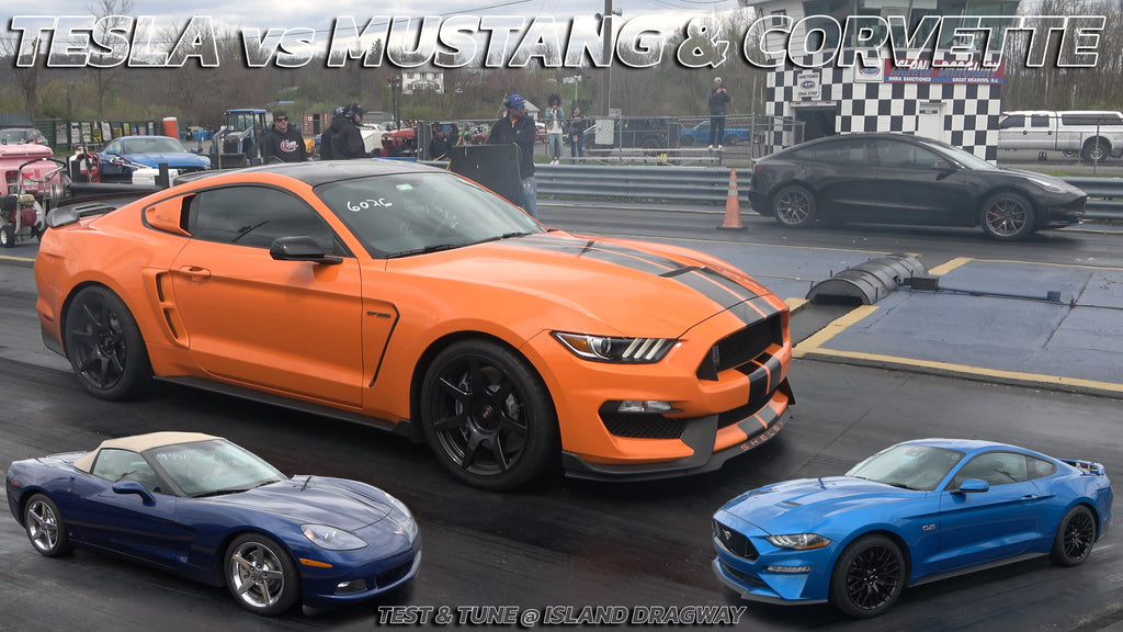 Tesla vs Mustang GT350, Mustang 5 0 & Corvette Drag Race @ Island Dragway